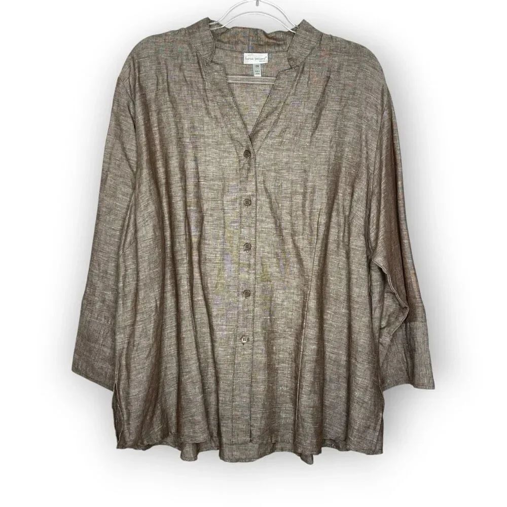 Harve Benard Button Down Shirt Linen Blend Long Sleeve Blouse Beige Women’s 2X